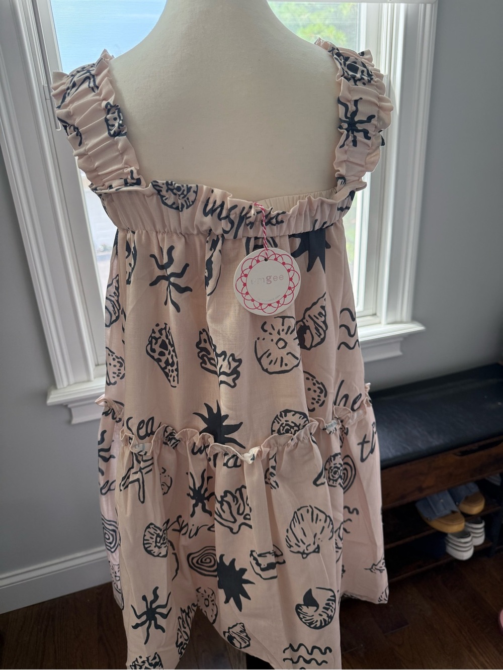 Umgee Beige Mini Dress with Navy Shell Print Vacation Pattern Lined Sz Med BNWT - Picture 7 of 11
